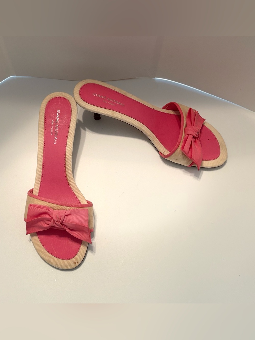 Isaac Mizrahi Pink and Cream Bow Slide Mules